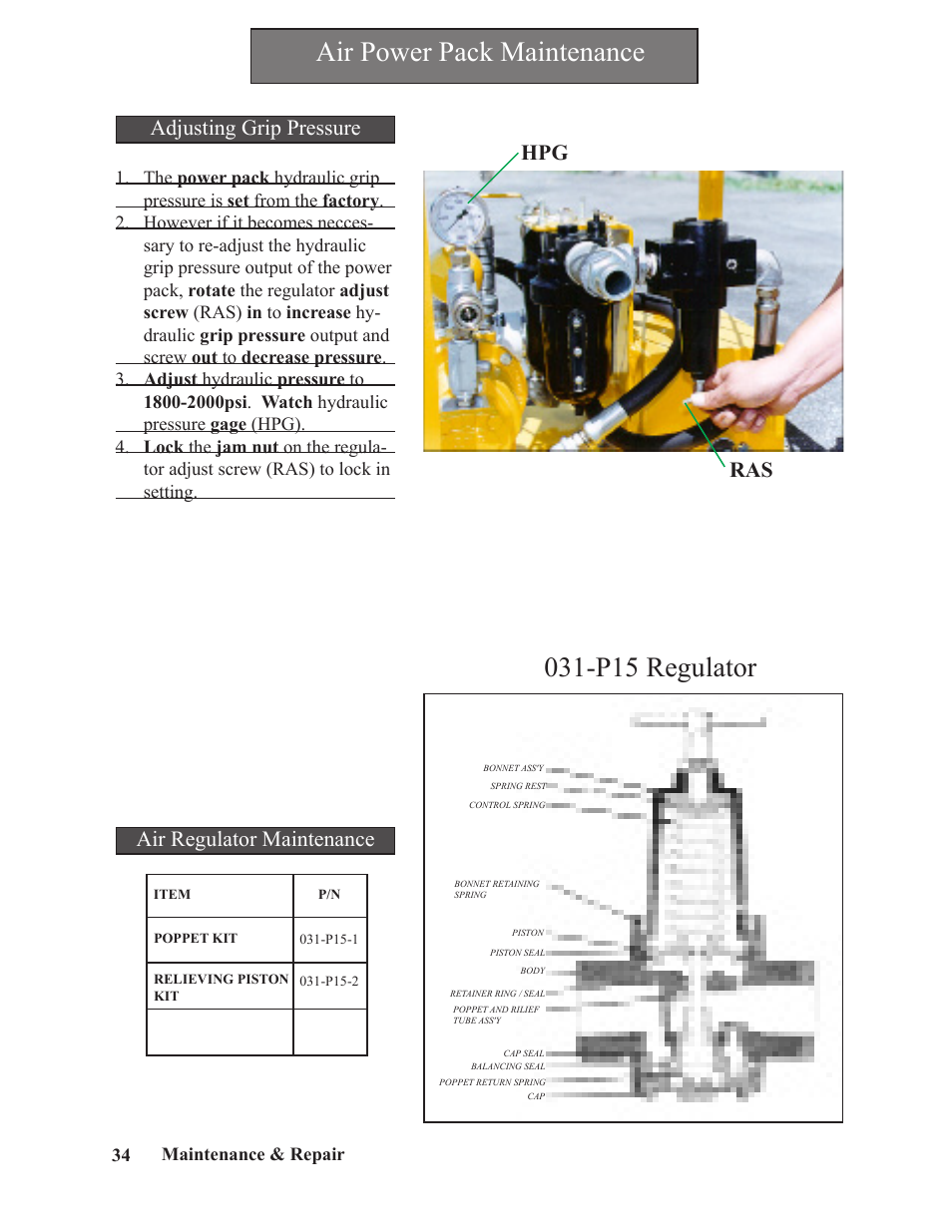 P15 regulator, Air power pack maintenance, Hpg ras | Adjusting grip pressure, Air regulator maintenance | Hawk Industries Spinner Manual 550 PNEUMATIC Serial Numbers 106 to 210 User Manual | Page 34 / 101