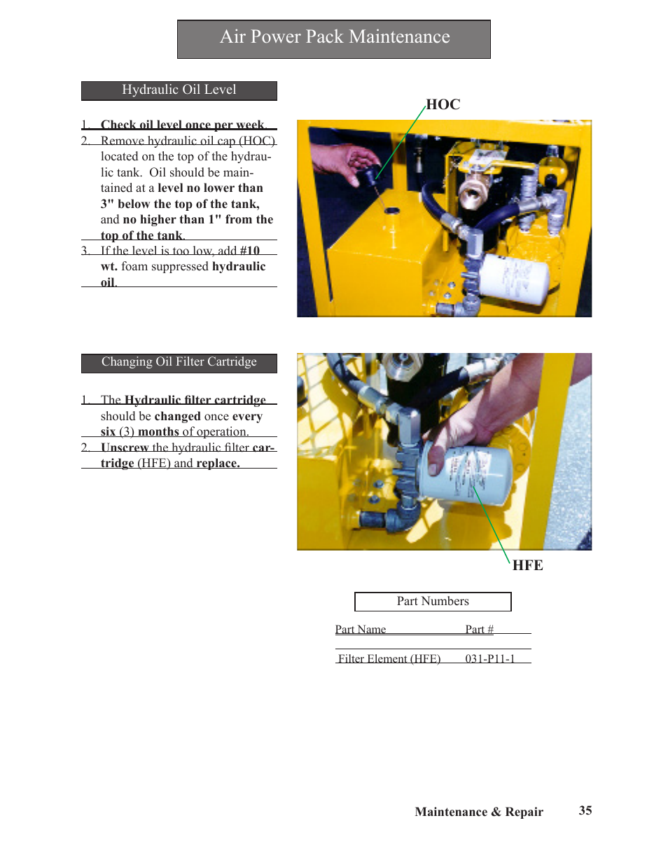 Air power pack maintenance | Hawk Industries Spinner Manual 550 PNEUMATIC Serial Numbers 106 to 210 User Manual | Page 35 / 101
