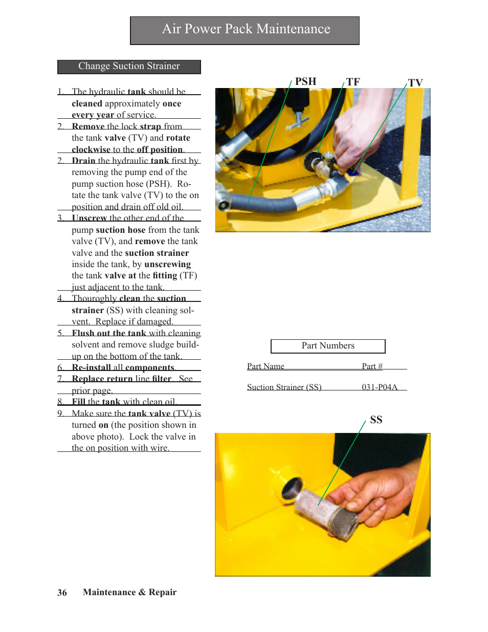 Air power pack maintenance | Hawk Industries Spinner Manual 550 PNEUMATIC Serial Numbers 106 to 210 User Manual | Page 36 / 101