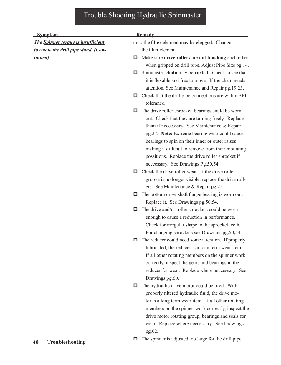 Trouble shooting hydraulic spinmaster | Hawk Industries Spinner Manual 550 PNEUMATIC Serial Numbers 106 to 210 User Manual | Page 40 / 101