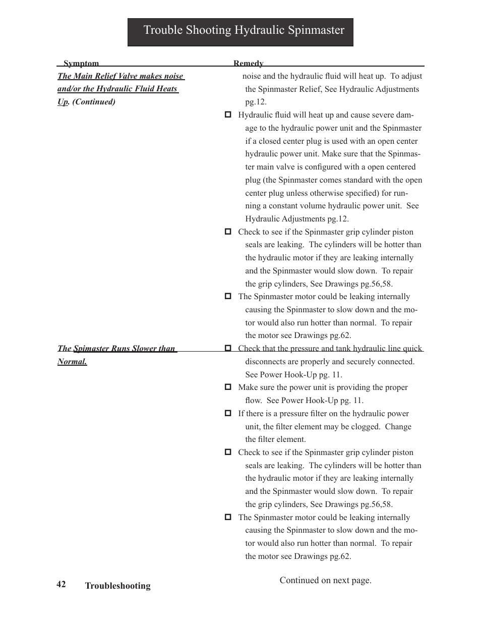 Trouble shooting hydraulic spinmaster | Hawk Industries Spinner Manual 550 PNEUMATIC Serial Numbers 106 to 210 User Manual | Page 42 / 101