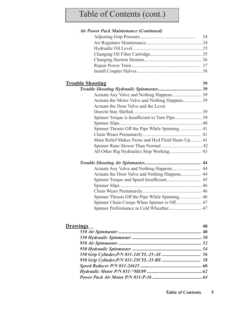 Table of contents (cont.) | Hawk Industries Spinner Manual 550 PNEUMATIC Serial Numbers 106 to 210 User Manual | Page 5 / 101