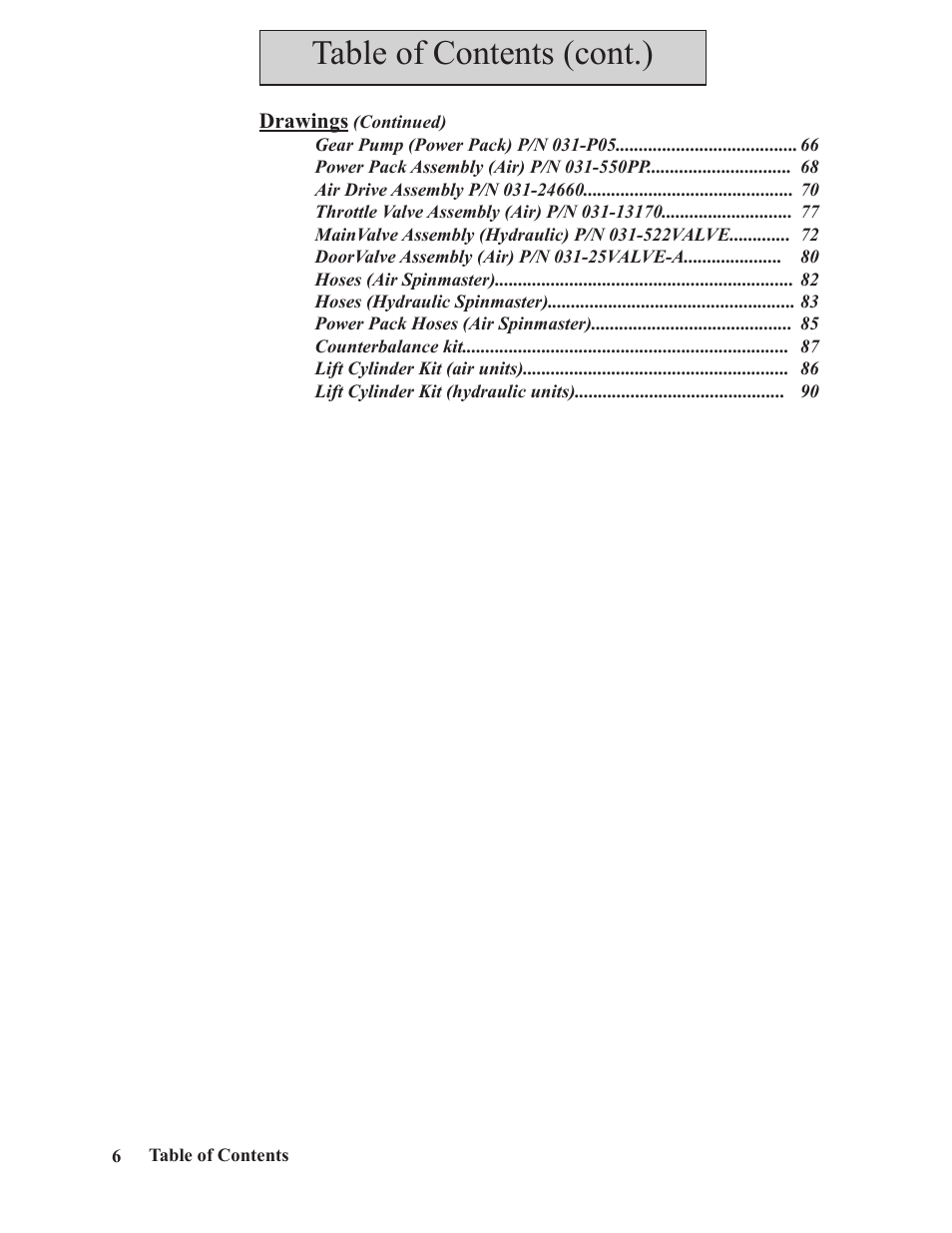 Table of contents (cont.) | Hawk Industries Spinner Manual 550 PNEUMATIC Serial Numbers 106 to 210 User Manual | Page 6 / 101
