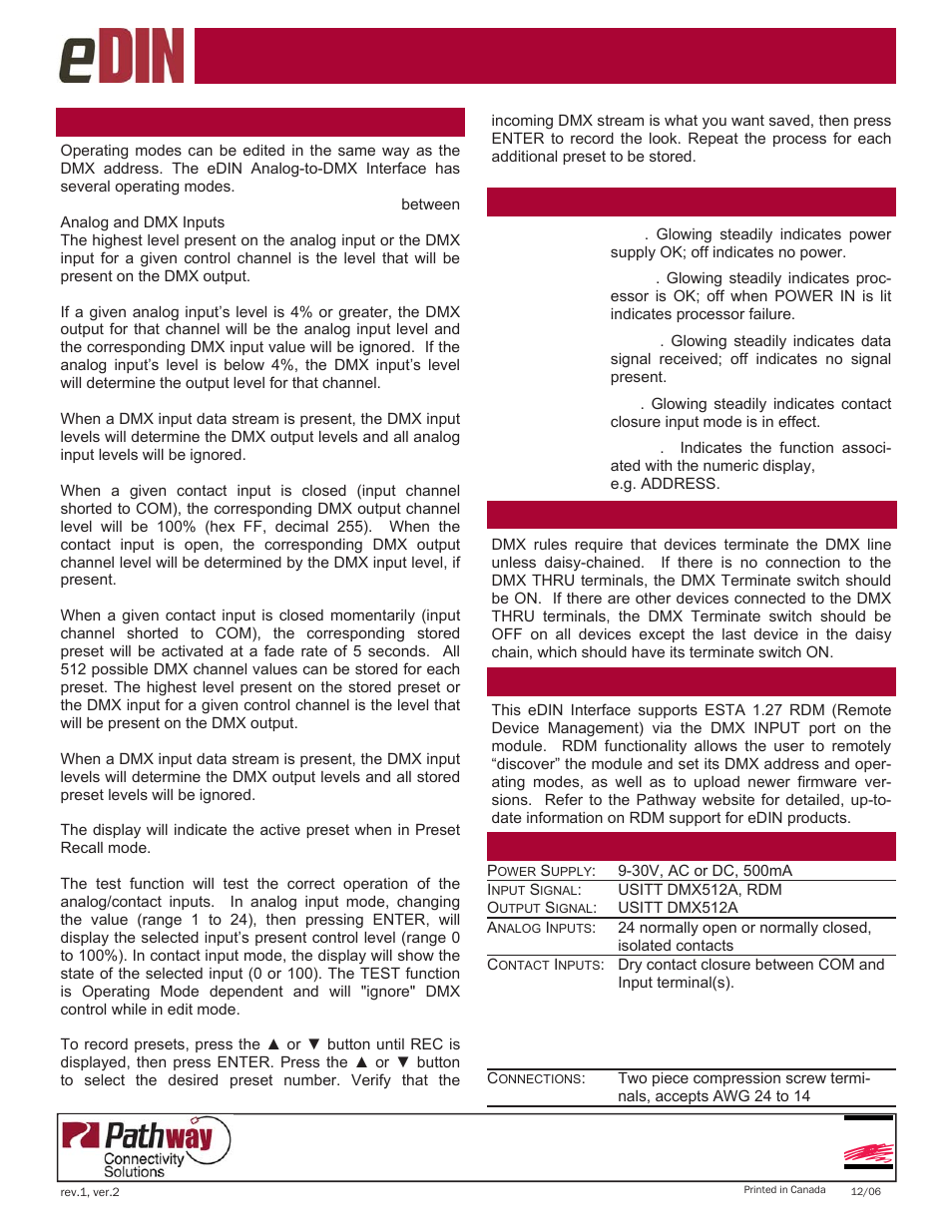 Analog-to-dmx configuration, Status indicators, Esta | Set operating mode specifications, Dmx terminate, Rdm support | Pathway #1006 eDIN Analog-to-DMX Interface User Manual | Page 2 / 2