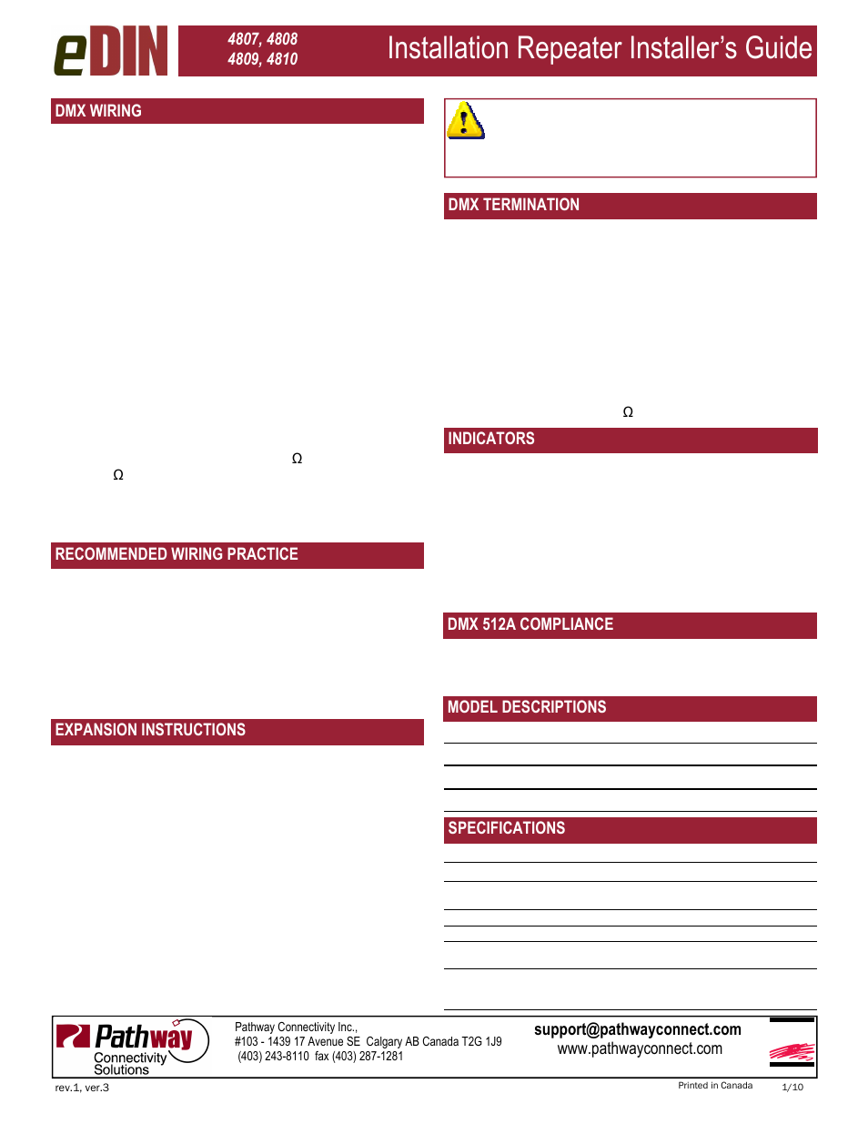 Installation repeater installer’s guide, Expansion instructions, Esta | Recommended wiring practice, Specifications dmx termination, Indicators, Dmx 512a compliance, Model descriptions | Pathway #4807, 4808, 4809, 4810 eDIN Installation Repeaters User Manual | Page 2 / 2