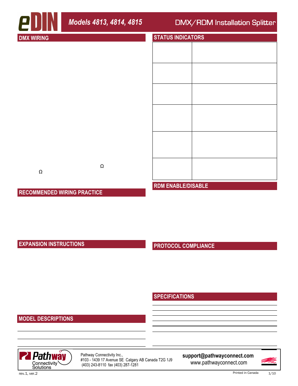 Dmx/rdm installation splitter, Expansion instructions, Esta | Recommended wiring practice, Specifications status indicators dmx wiring, Protocol compliance, Model descriptions, Rdm enable/disable | Pathway #4813, 4814, 4815 DMX/RDM Installation Splitters User Manual | Page 2 / 2