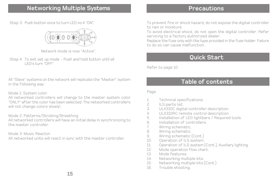 Precautions quick start table of contents, Networking multiple systems | Varad ILS200 / ILS300 - Color Changing Interior Lighting System User Manual | Page 3 / 10