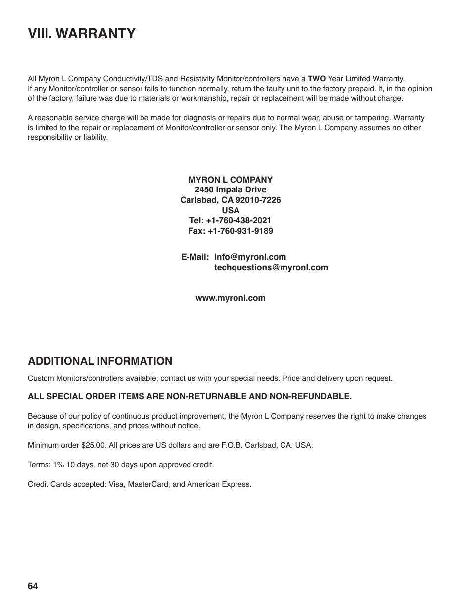 Viii. warranty, Additional information | Myron L 729II User Manual | Page 68 / 76