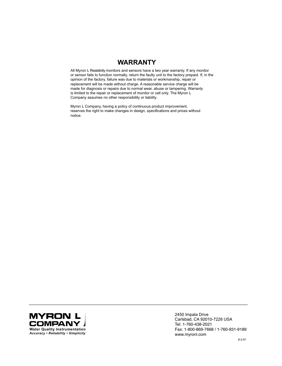 Warranty | Myron L 762 User Manual | Page 16 / 16