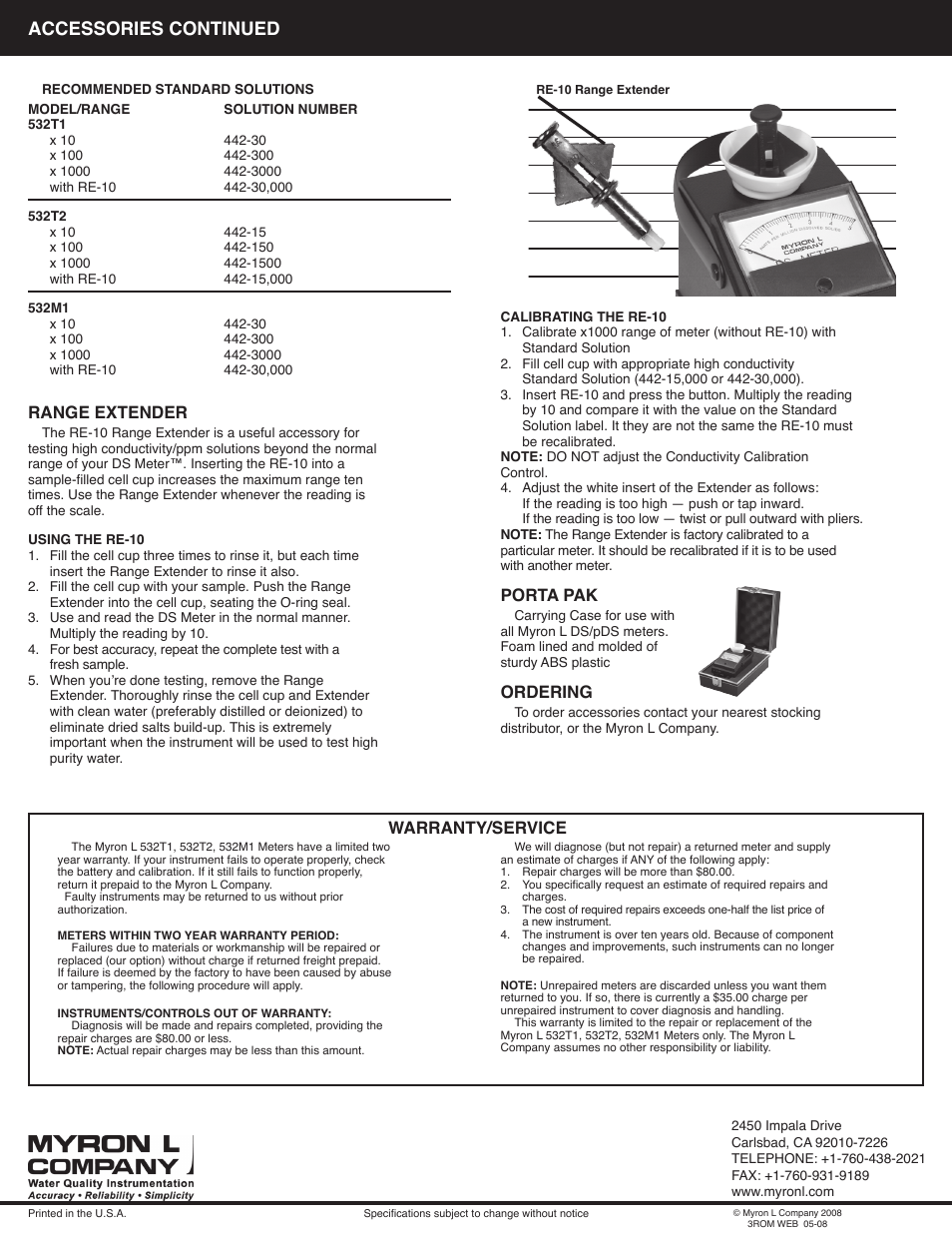 Accessories continued, Warranty/service, Range extender | Porta pak, Ordering | Myron L 532M1 User Manual | Page 4 / 4