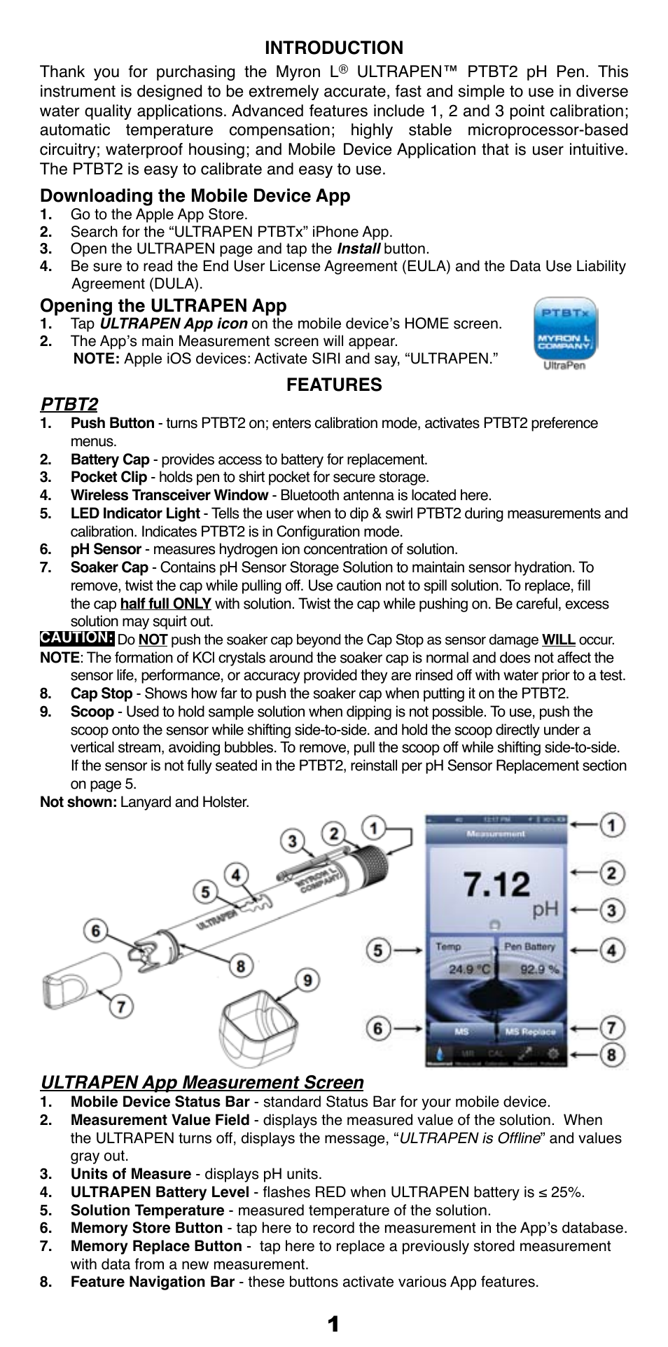 Introduction, Downloading the mobile device app, Opening the ultrapen app | Features ptbt2, Ultrapen app measurement screen | Myron L PTBT2 User Manual | Page 2 / 6