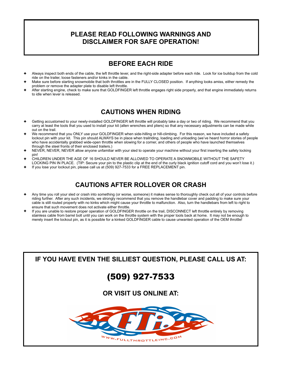 Cautions when riding, Cautions after rollover or crash, Or visit us online at | Full Throttle Polaris 007-1022 User Manual | Page 3 / 4