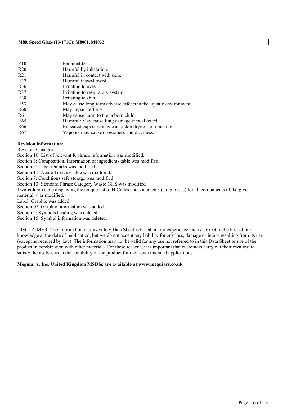 MEGUIAR'S M80 User Manual | Page 16 / 16