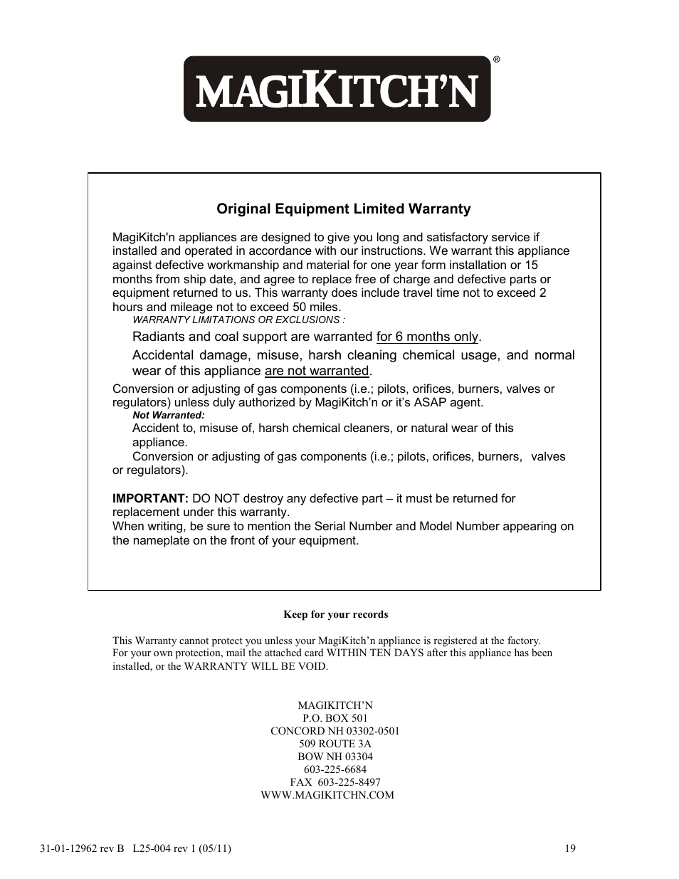 Original equipment limited warranty | Magikitch'n FM User Manual | Page 23 / 23