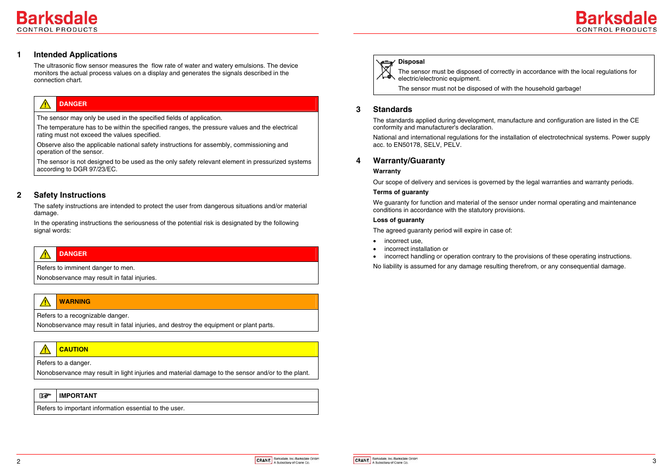 1 intended applications, 2 safety instructions, 3 standards | 4 warranty/guaranty | Barksdale UQS7 User Manual | Page 2 / 6