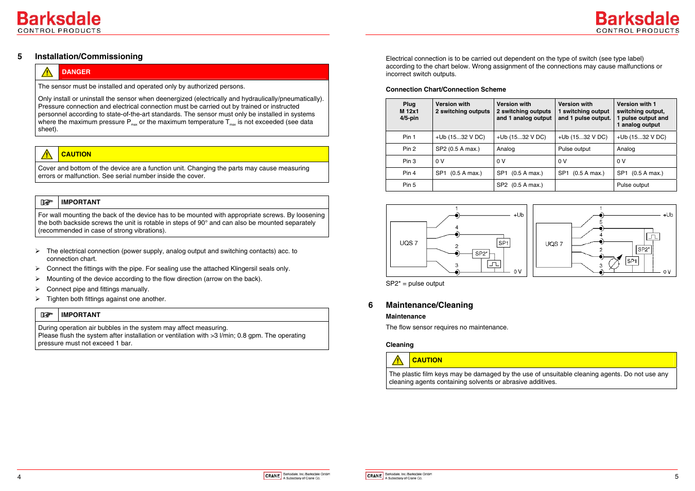 5 installation/commissioning, 6 maintenance/cleaning | Barksdale UQS7 User Manual | Page 3 / 6