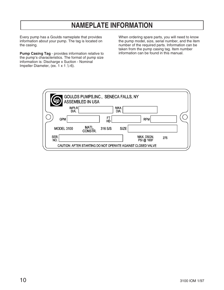 Nameplate information | Goulds Pumps 3100 - IOM User Manual | Page 18 / 52
