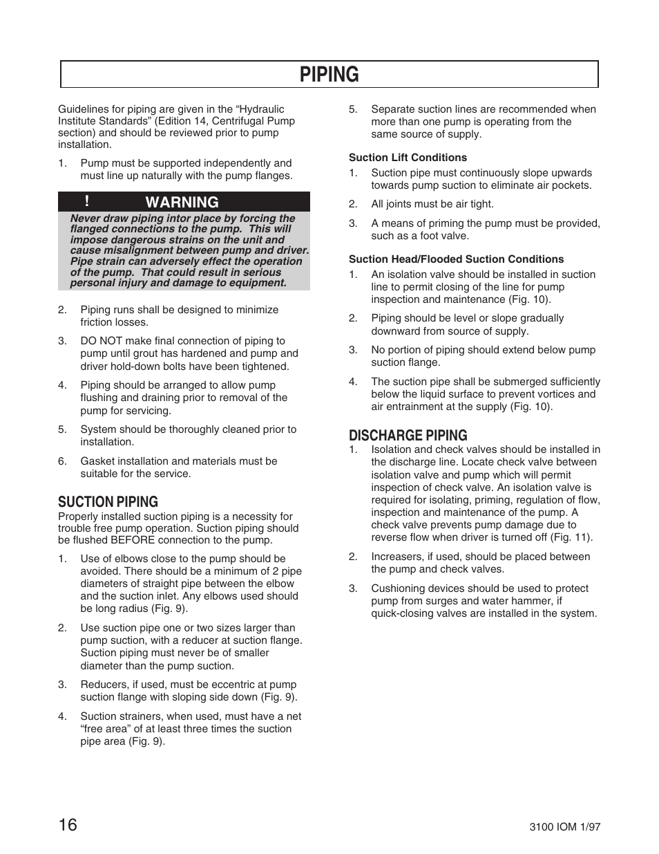 Piping, Warning, Suction piping | Discharge piping | Goulds Pumps 3100 - IOM User Manual | Page 24 / 52