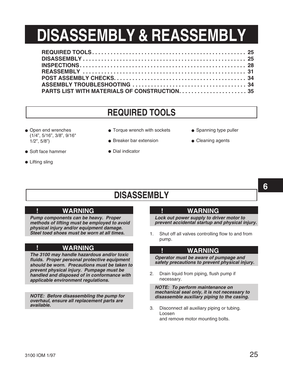 Disassembly & reassembly, Required tools disassembly | Goulds Pumps 3100 - IOM User Manual | Page 33 / 52