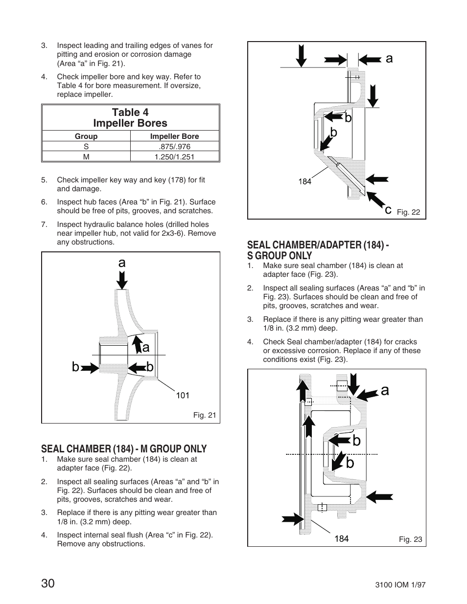 Table 4 impeller bores, Seal chamber (184) - m group only, Seal chamber/adapter (184) - s group only | Goulds Pumps 3100 - IOM User Manual | Page 38 / 52