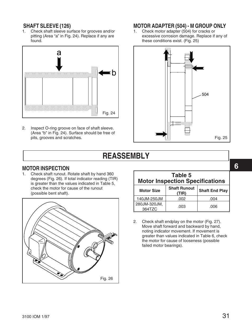 Reassembly, Shaft sleeve (126), Motor adapter (504) - m group only | Motor inspection, Table 5 motor inspection specifications | Goulds Pumps 3100 - IOM User Manual | Page 39 / 52