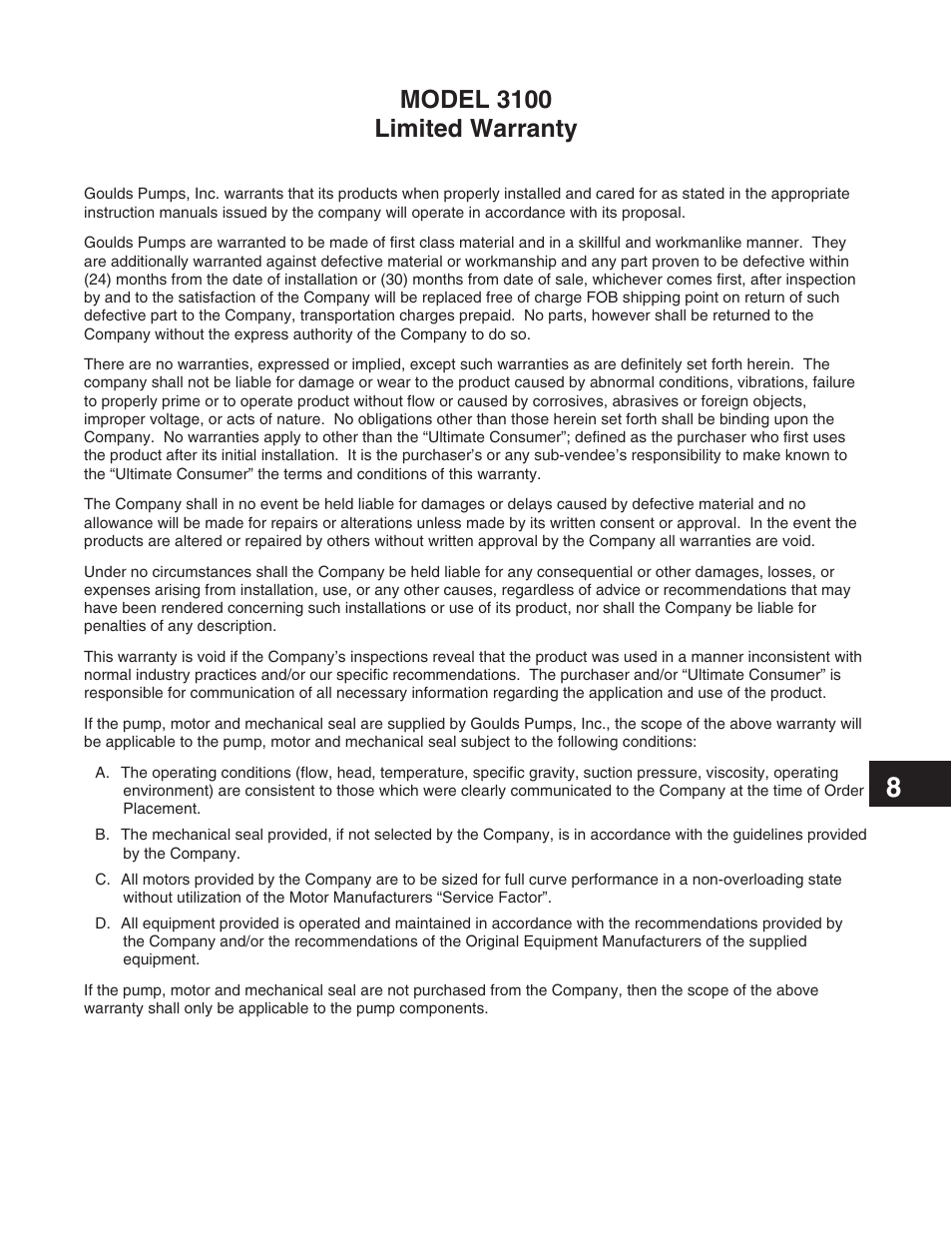 Model 3100 limited warranty | Goulds Pumps 3100 - IOM User Manual | Page 49 / 52