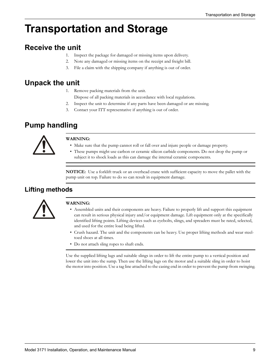 Transportation and storage, Receive the unit, Unpack the unit | Pump handling, Lifting methods, Ransportation and storage, Eceive the unit unpack the unit pump handling | Goulds Pumps 3171 - IOM User Manual | Page 11 / 60