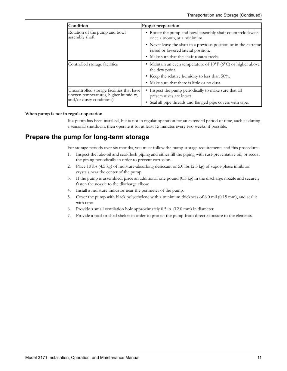 Prepare the pump for long-term storage, Pare the pump for long-term storage | Goulds Pumps 3171 - IOM User Manual | Page 13 / 60