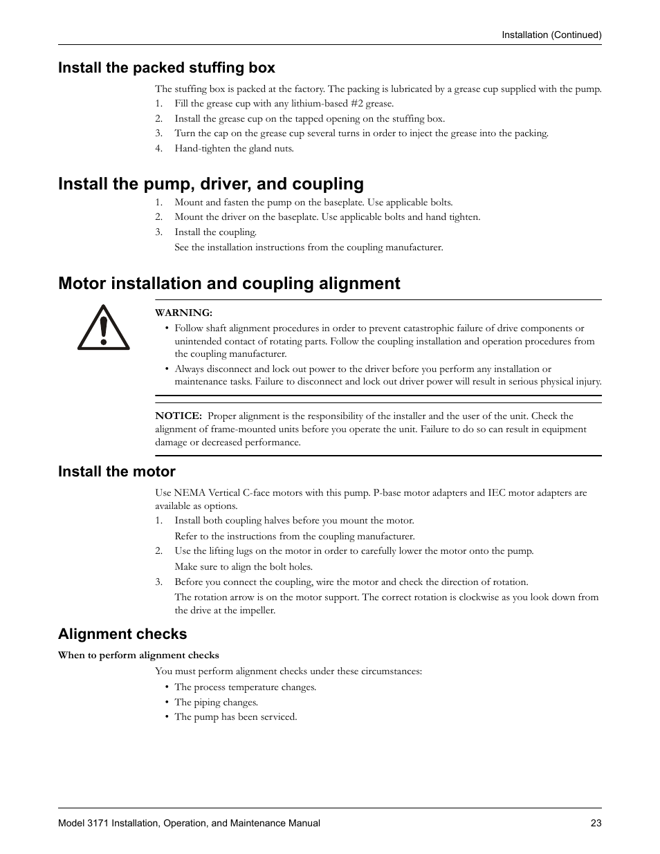 Install the packed stuffing box, Install the pump, driver, and coupling, Motor installation and coupling alignment | Install the motor, Alignment checks, Install the motor alignment checks | Goulds Pumps 3171 - IOM User Manual | Page 25 / 60