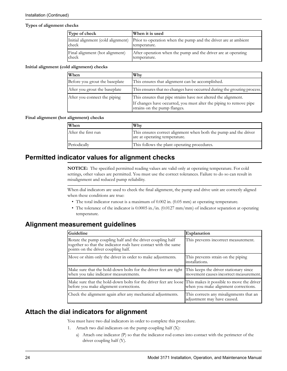 Permitted indicator values for alignment checks, Alignment measurement guidelines, Attach the dial indicators for alignment | Goulds Pumps 3171 - IOM User Manual | Page 26 / 60