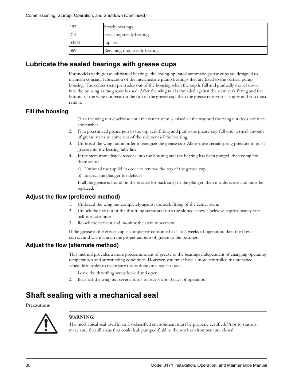 Lubricate the sealed bearings with grease cups, Fill the housing, Adjust the flow (preferred method) | Adjust the flow (alternate method), Shaft sealing with a mechanical seal | Goulds Pumps 3171 - IOM User Manual | Page 32 / 60