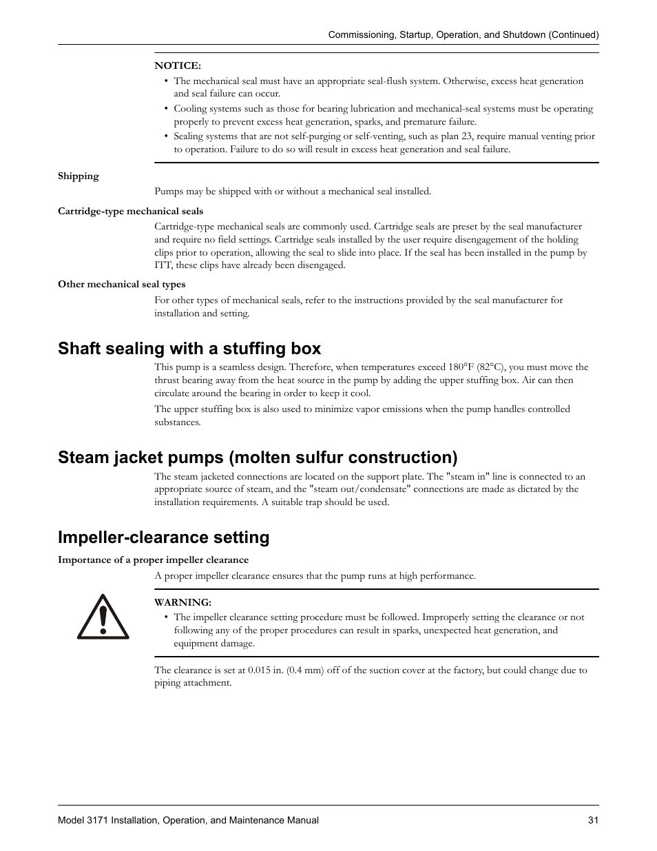 Shaft sealing with a stuffing box, Steam jacket pumps (molten sulfur construction), Impeller-clearance setting | Goulds Pumps 3171 - IOM User Manual | Page 33 / 60