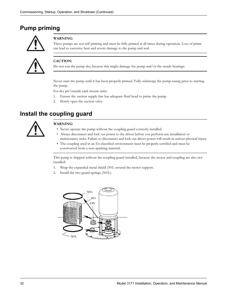 Pump priming, Install the coupling guard, Pump priming install the coupling guard | Goulds Pumps 3171 - IOM User Manual | Page 34 / 60