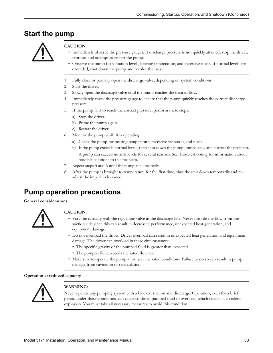 Start the pump, Pump operation precautions, Start the pump pump operation precautions | Goulds Pumps 3171 - IOM User Manual | Page 35 / 60
