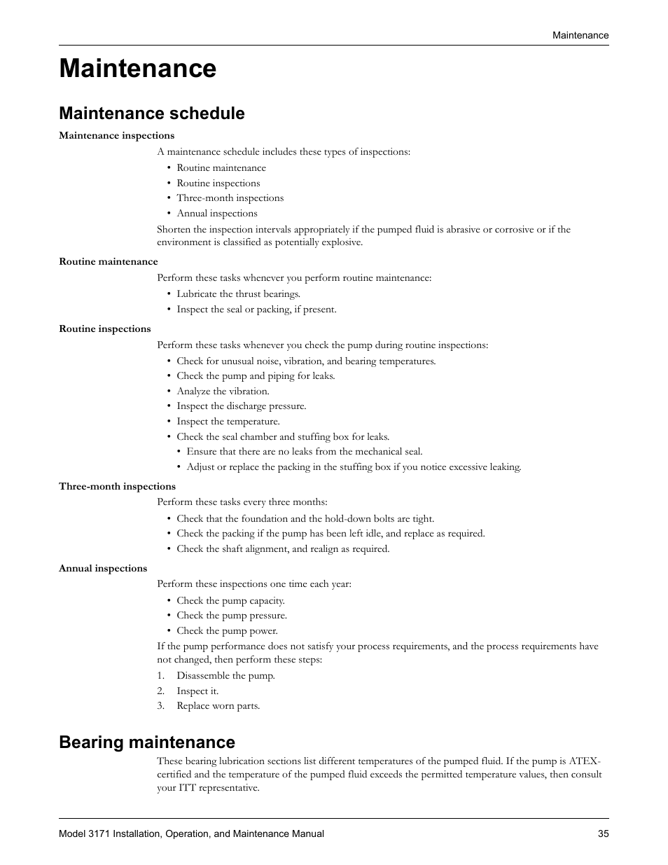 Maintenance, Maintenance schedule, Bearing maintenance | Maintenance schedule bearing maintenance | Goulds Pumps 3171 - IOM User Manual | Page 37 / 60