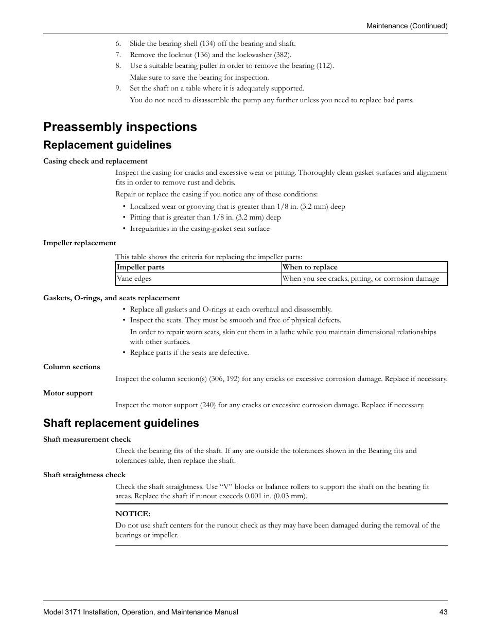 Preassembly inspections, Replacement guidelines, Shaft replacement guidelines | Placement guidelines shaft replacement guidelines | Goulds Pumps 3171 - IOM User Manual | Page 45 / 60