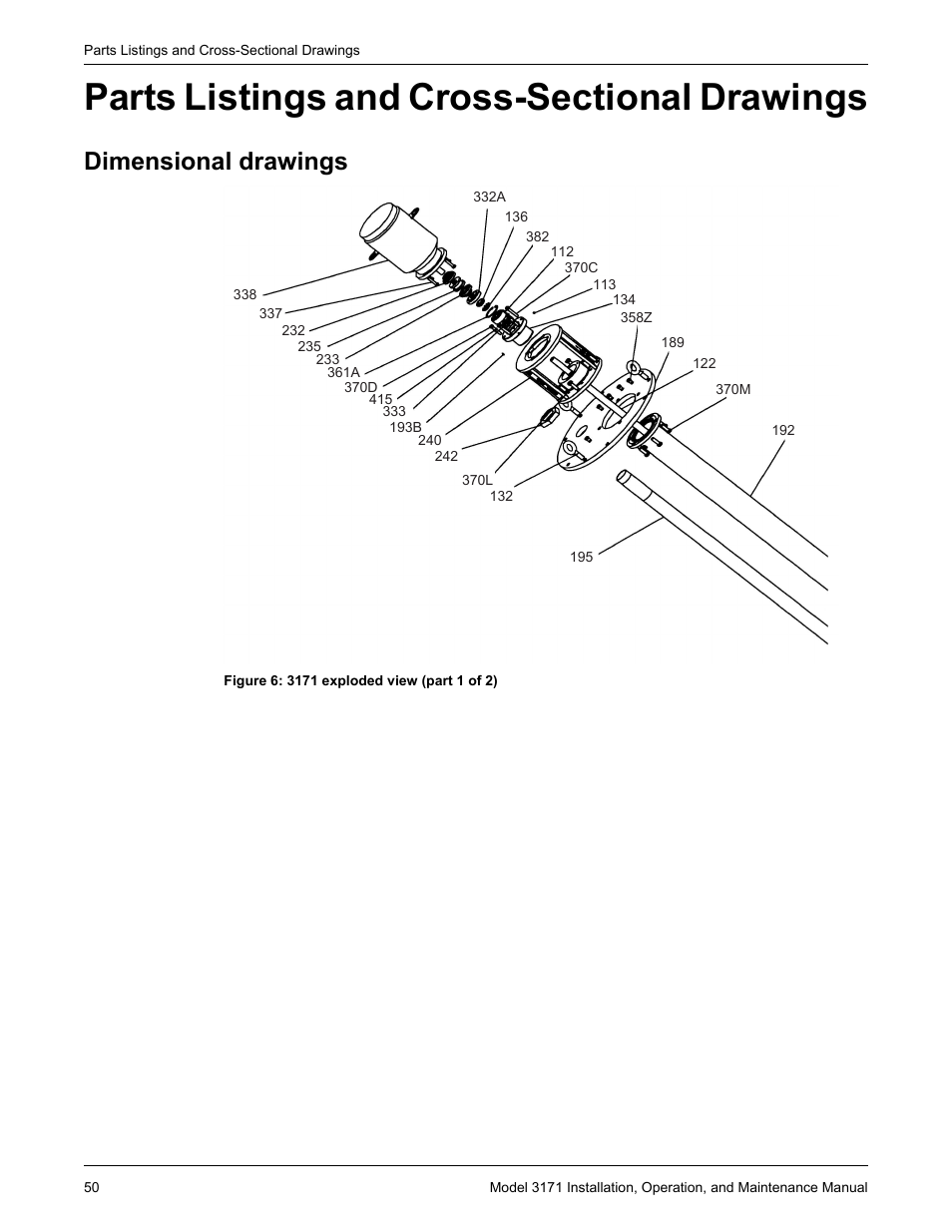 Parts listings and cross-sectional drawings, Dimensional drawings, Arts listings and cross-sectional drawings | Goulds Pumps 3171 - IOM User Manual | Page 52 / 60