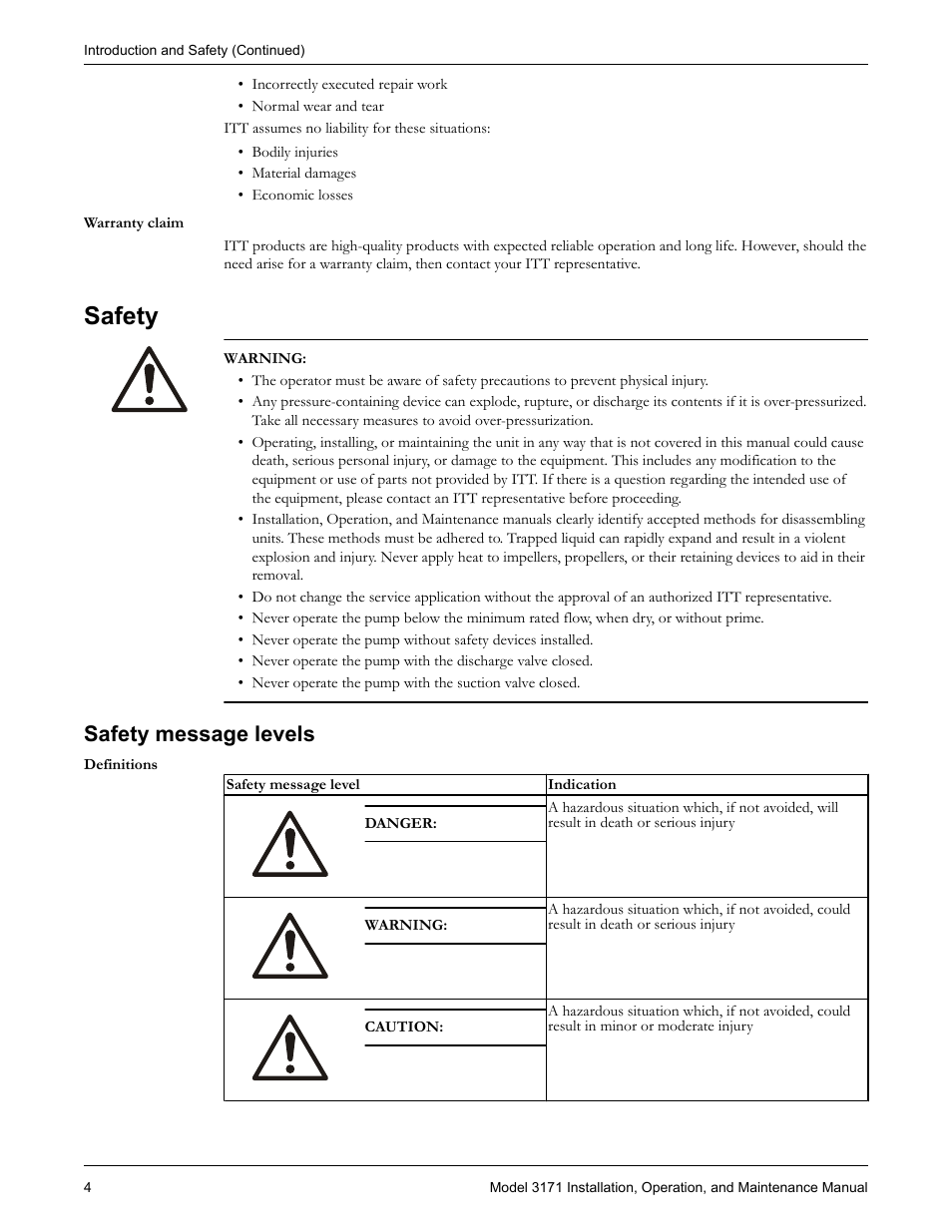 Safety, Safety message levels | Goulds Pumps 3171 - IOM User Manual | Page 6 / 60