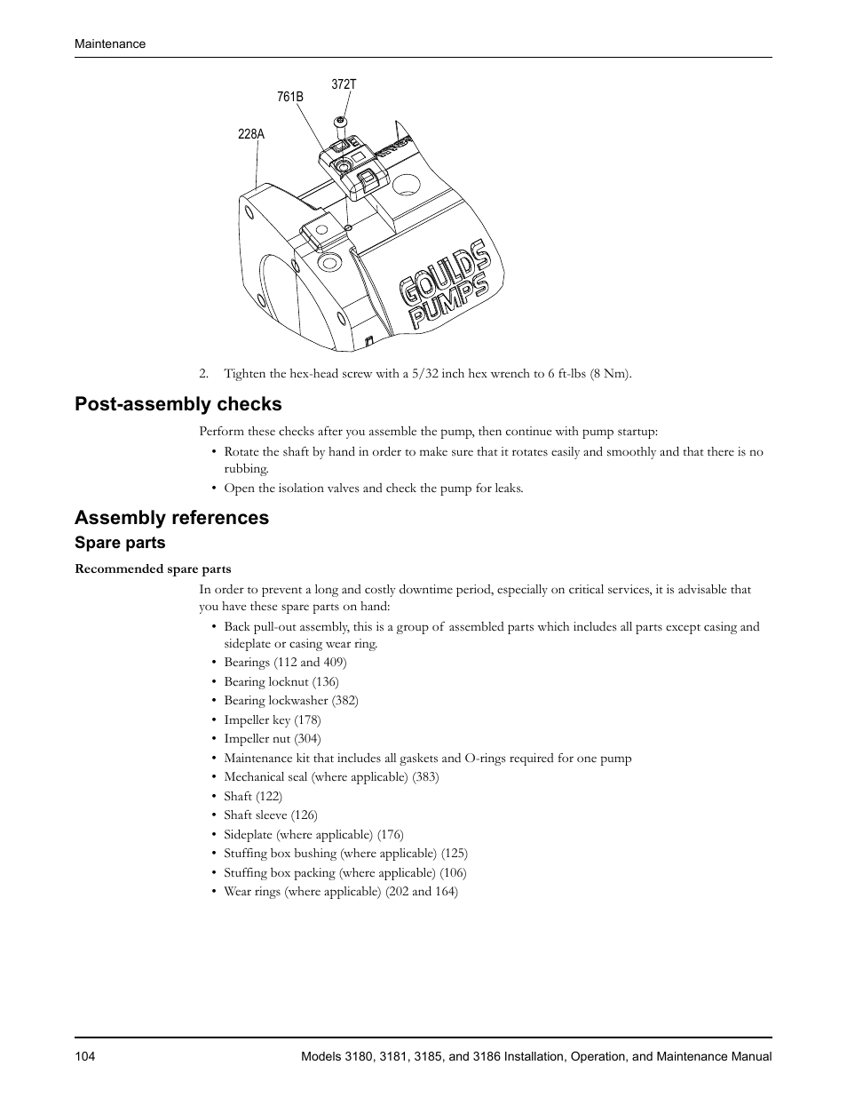 Post-assembly checks, Assembly references, Spare parts | Ost-assembly checks assembly references | Goulds Pumps 3180-86 - IOM User Manual | Page 106 / 158