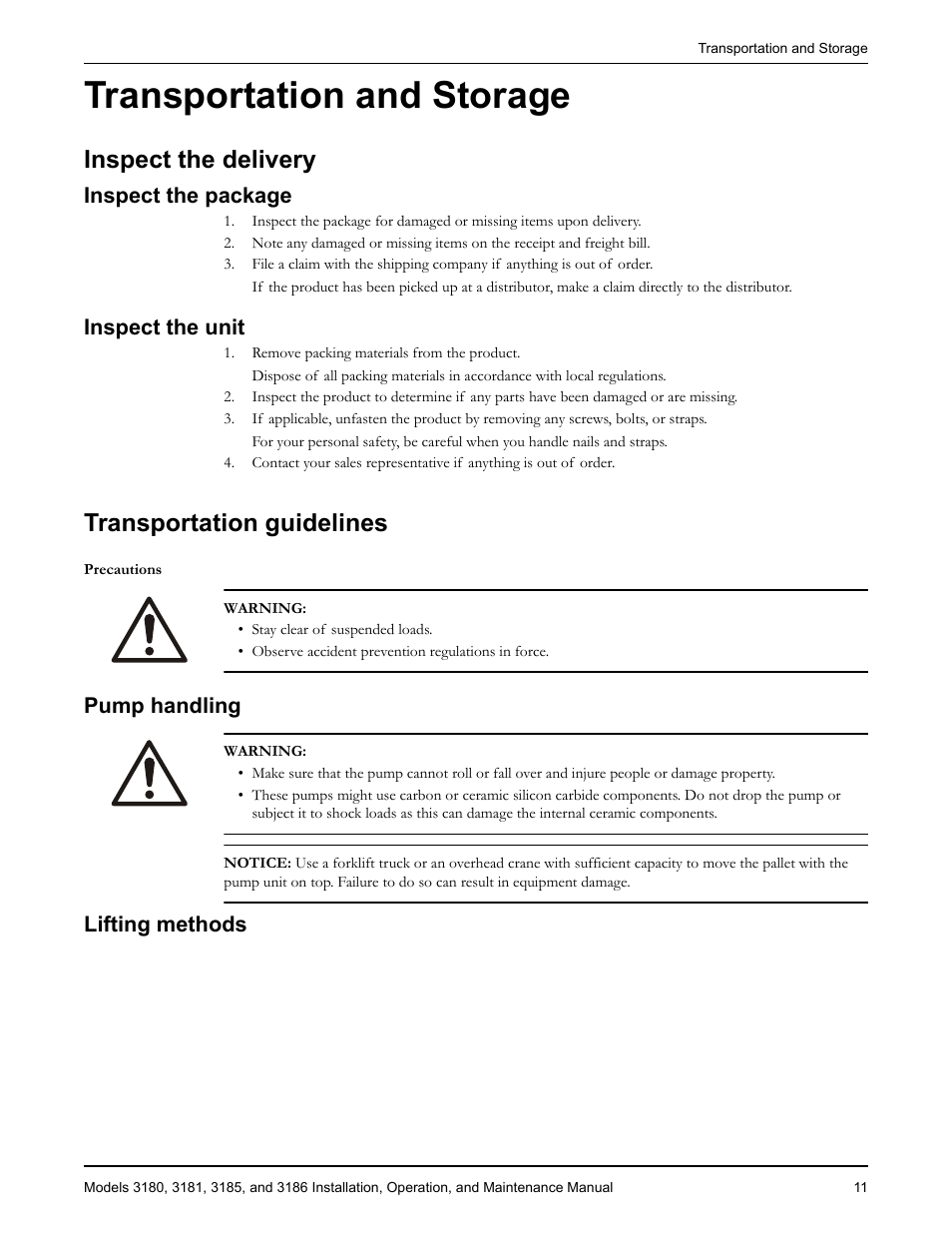 Transportation and storage, Inspect the delivery, Inspect the package | Inspect the unit, Transportation guidelines, Precautions, Pump handling, Lifting methods, Ransportation and storage, Inspect the package inspect the unit | Goulds Pumps 3180-86 - IOM User Manual | Page 13 / 158