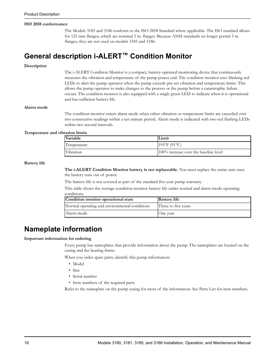 General description i-alert™ condition monitor, Nameplate information, General description i-alert | Condition monitor | Goulds Pumps 3180-86 - IOM User Manual | Page 20 / 158