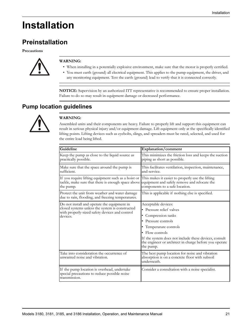 Installation, Preinstallation, Pump location guidelines | Goulds Pumps 3180-86 - IOM User Manual | Page 23 / 158