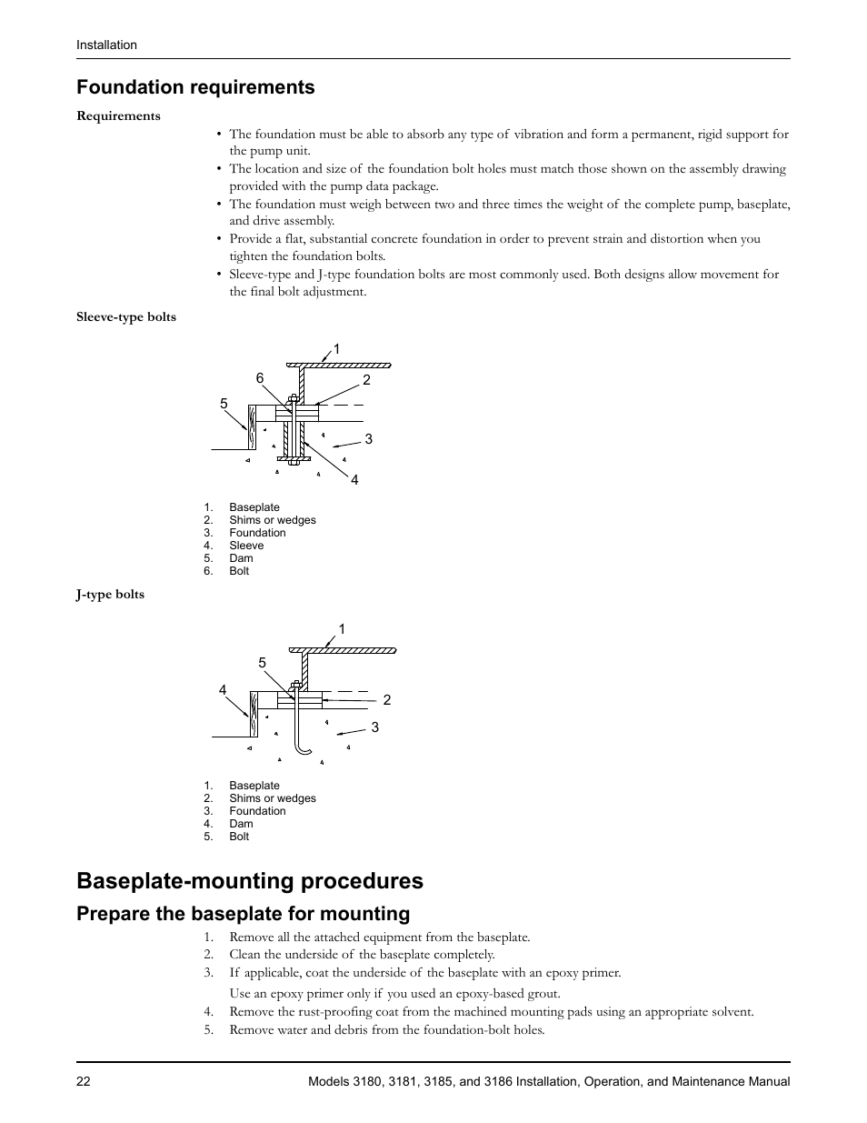 Foundation requirements, Baseplate-mounting procedures, Prepare the baseplate for mounting | Oundation requirements, Pare the baseplate for mounting | Goulds Pumps 3180-86 - IOM User Manual | Page 24 / 158
