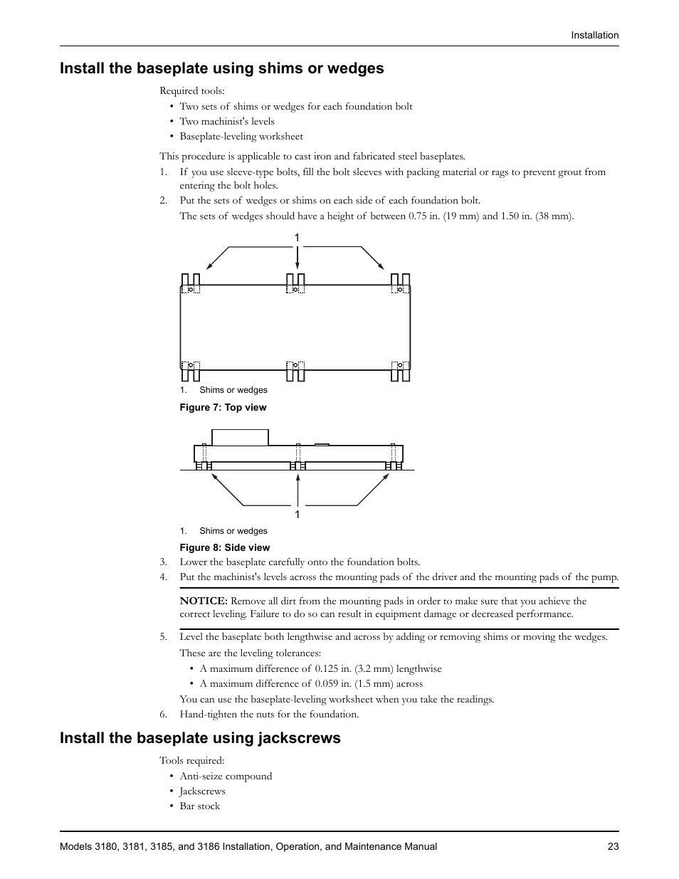 Install the baseplate using shims or wedges, Install the baseplate using jackscrews | Goulds Pumps 3180-86 - IOM User Manual | Page 25 / 158