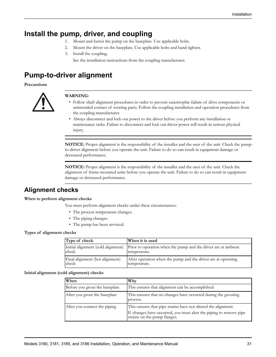 Install the pump, driver, and coupling, Pump-to-driver alignment, Alignment checks | Goulds Pumps 3180-86 - IOM User Manual | Page 33 / 158