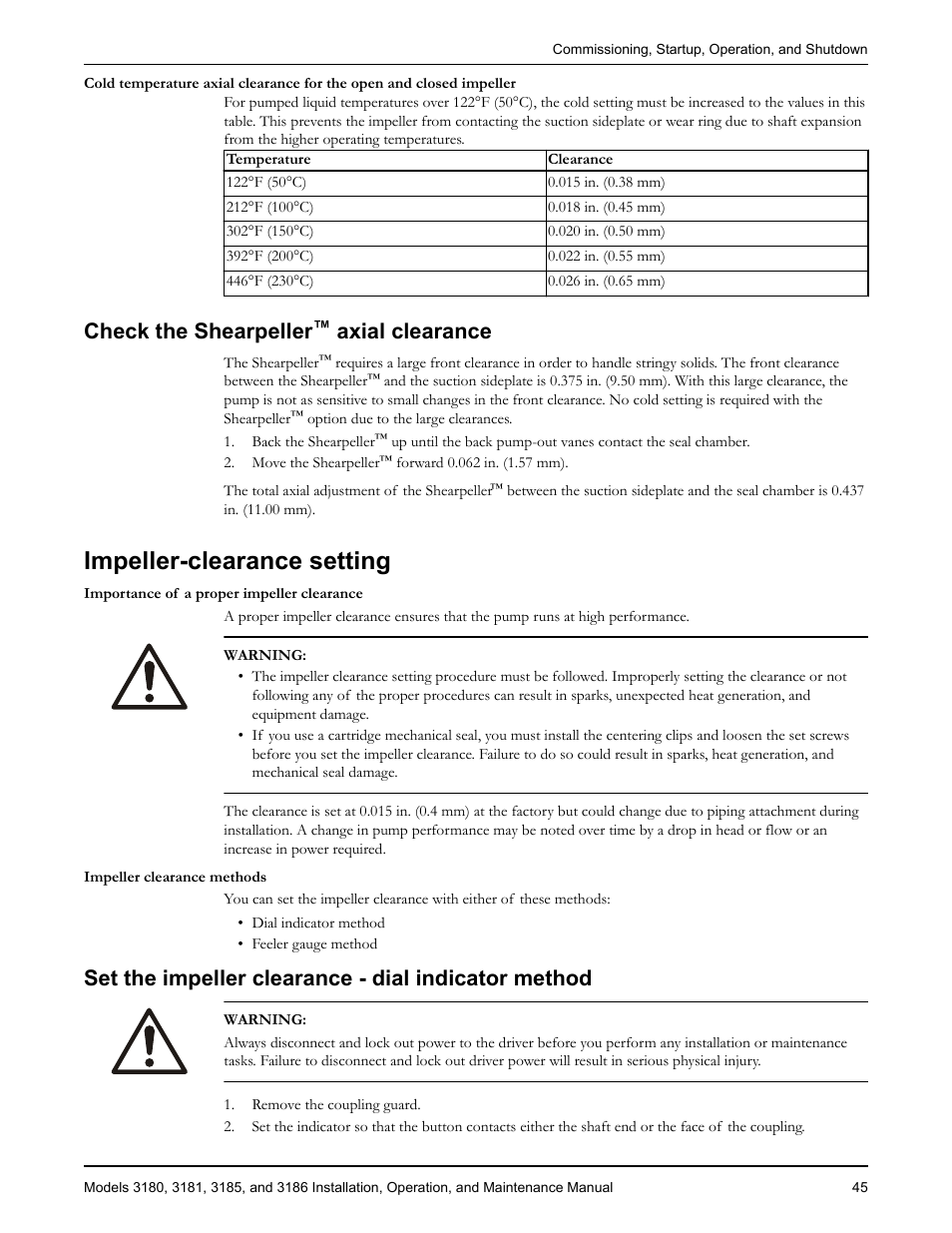 Check the shearpeller™ axial clearance, Impeller-clearance setting, Set the impeller clearance - dial indicator method | Check the shearpeller, Axial clearance | Goulds Pumps 3180-86 - IOM User Manual | Page 47 / 158