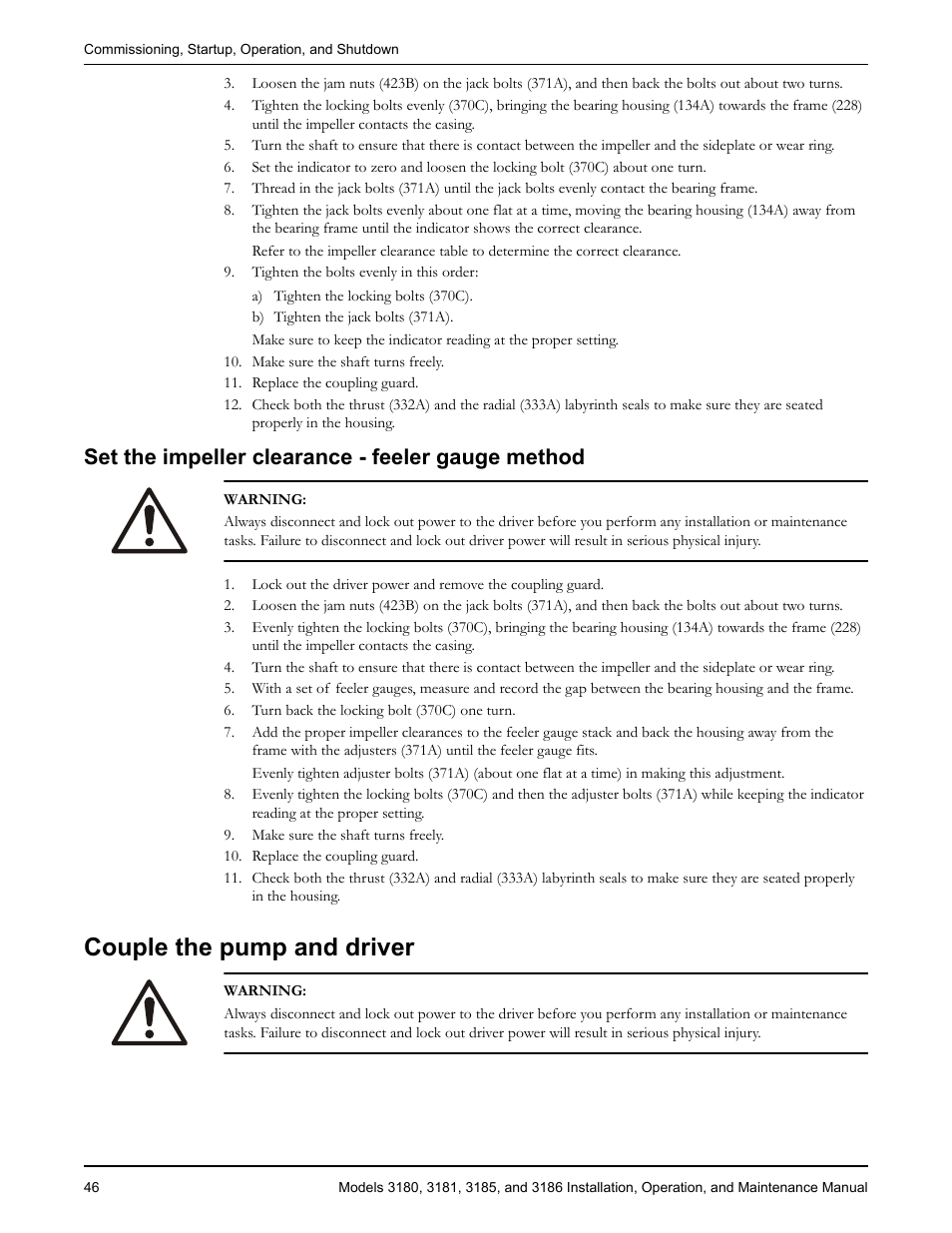 Set the impeller clearance - feeler gauge method, Couple the pump and driver | Goulds Pumps 3180-86 - IOM User Manual | Page 48 / 158