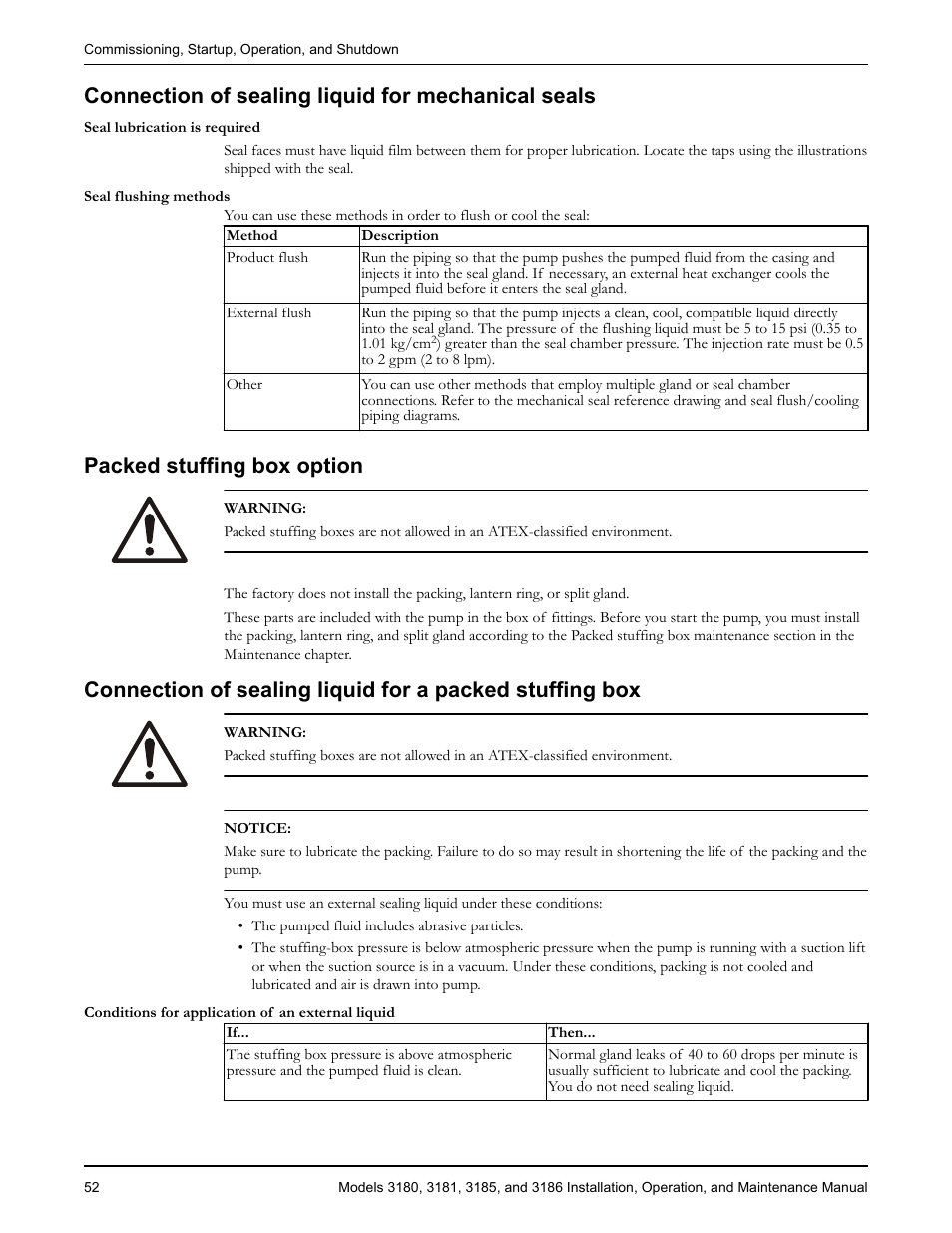 Connection of sealing liquid for mechanical seals, Packed stuffing box option | Goulds Pumps 3180-86 - IOM User Manual | Page 54 / 158