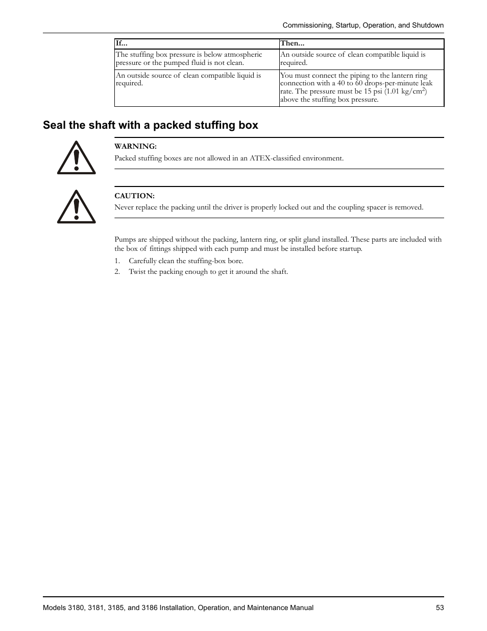 Seal the shaft with a packed stuffing box | Goulds Pumps 3180-86 - IOM User Manual | Page 55 / 158