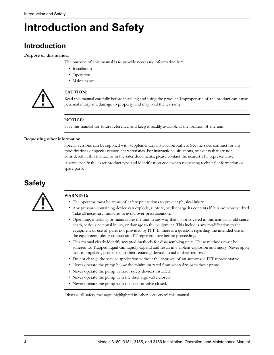 Introduction and safety, Introduction, Requesting other information | Safety, Equesting other information | Goulds Pumps 3180-86 - IOM User Manual | Page 6 / 158